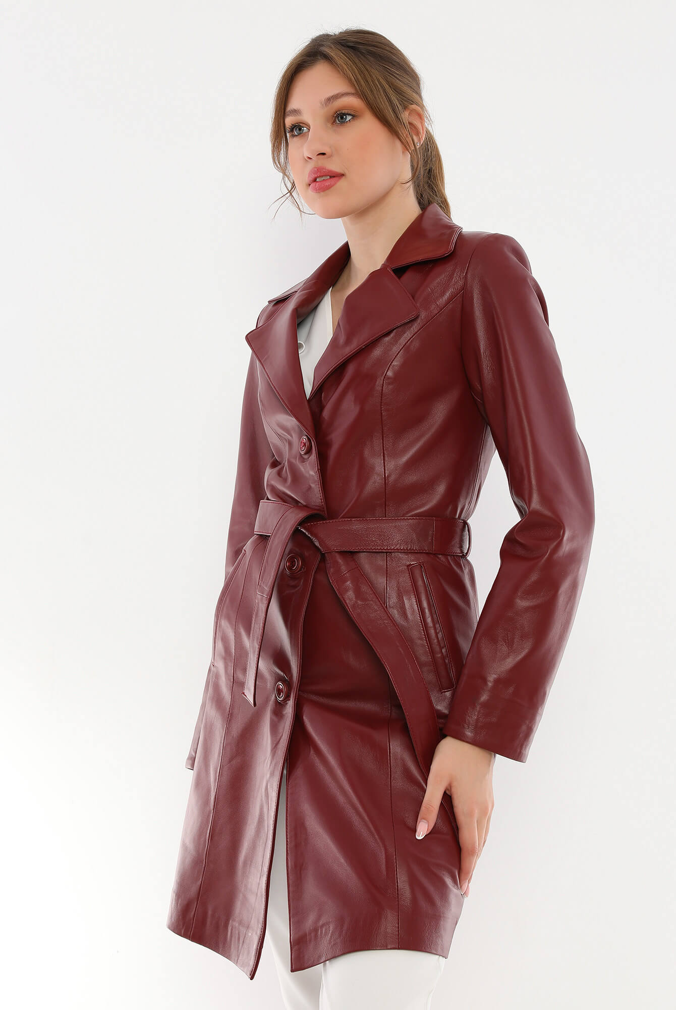 Migissi Maroon Leather Trench Coat For Women's
