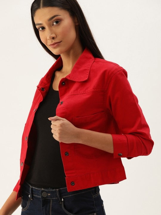 Women Red Solid Denim Jacket by DENIMS – Bold Street Style for Pakistani Fashion