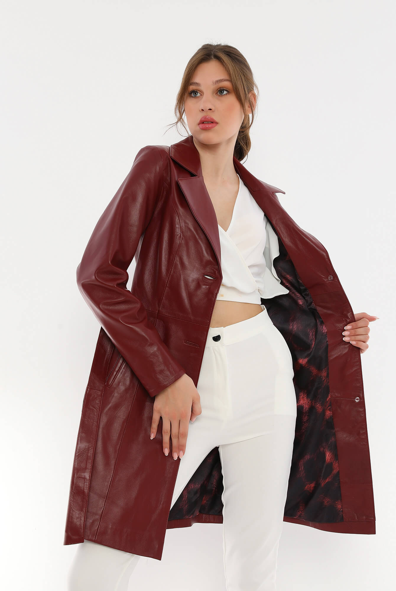 Migissi Maroon Leather Trench Coat For Women's