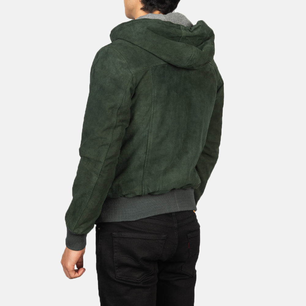 Men's Green Hooded Suede Bomber Jacket