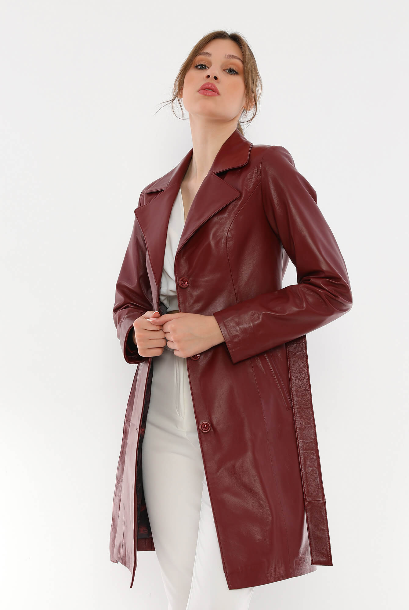 Migissi Maroon Leather Trench Coat For Women's