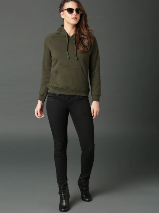 HB INDUSTRIES Women Olive Green Solid Hoodie New Edition