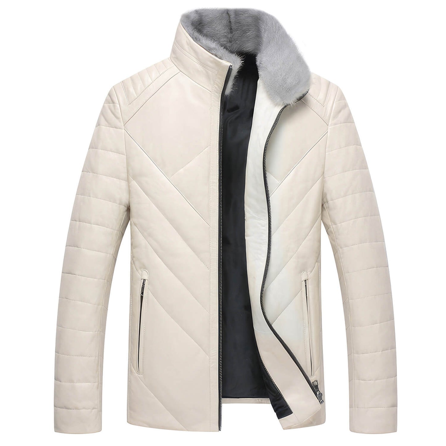 Men's Off-White Genuine Sheepskin Faux Fur Collar Quilted Shoulders Padded Thick Winter Warm Puffer Leather Jacket - Front View - DENIMS