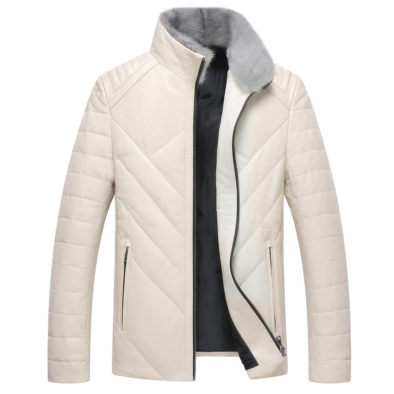 Men's Off-White Genuine Sheepskin Faux Fur Collar Quilted Shoulders Padded Thick Winter Warm Puffer Leather Jacket - Front View - DENIMS