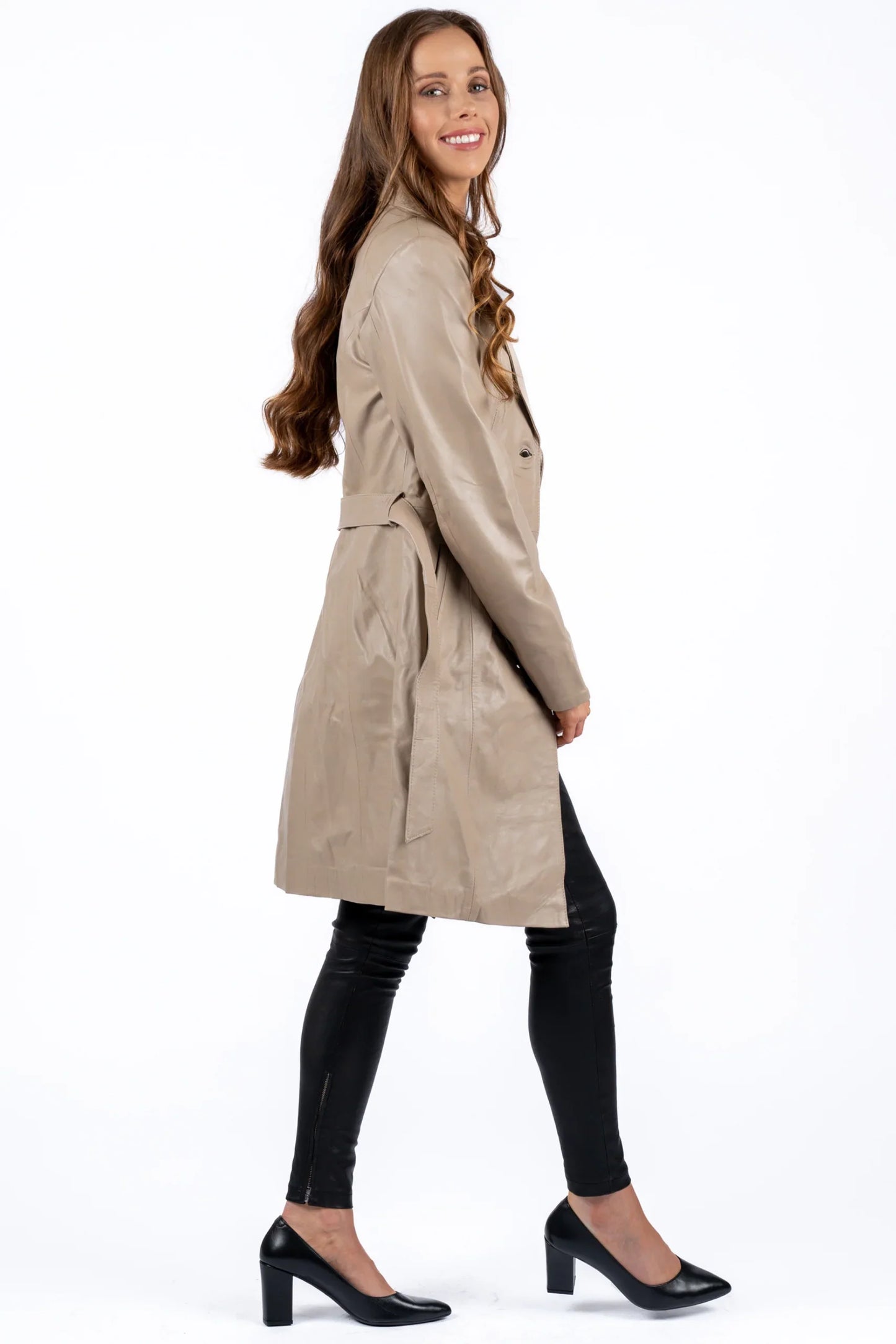 Migissi Beige Leather Trench Coat For Women's