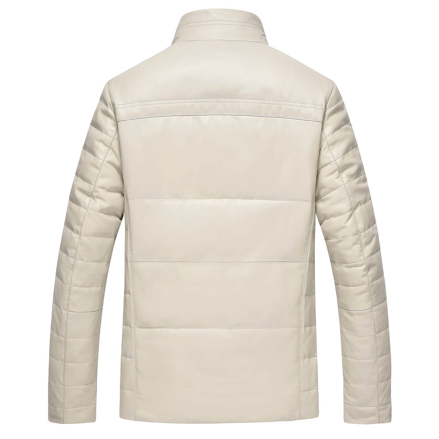 Men's Off-White Genuine Sheepskin Faux Fur Collar Quilted Shoulders Padded Thick Winter Warm Puffer Leather Jacket - Back View - DENIMS