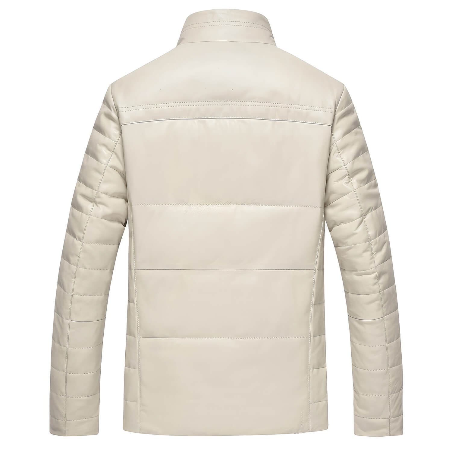 Men's Off-White Genuine Sheepskin Faux Fur Collar Quilted Shoulders Padded Thick Winter Warm Puffer Leather Jacket - Back View - DENIMS