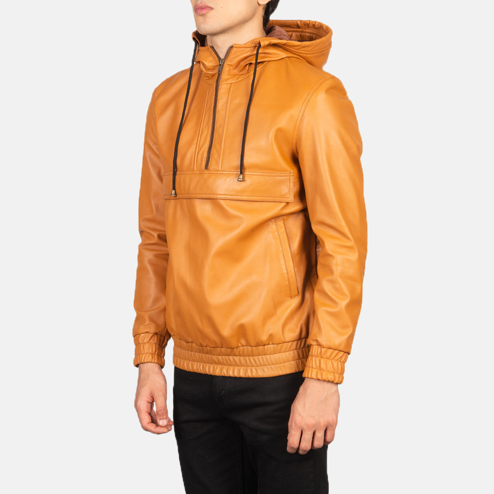 Men's Hooded Brown Leather Pullover Jacket