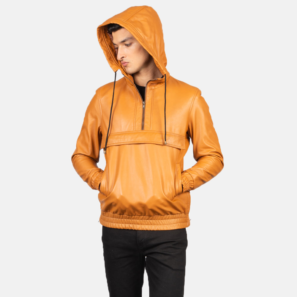 Men's Hooded Brown Leather Pullover Jacket