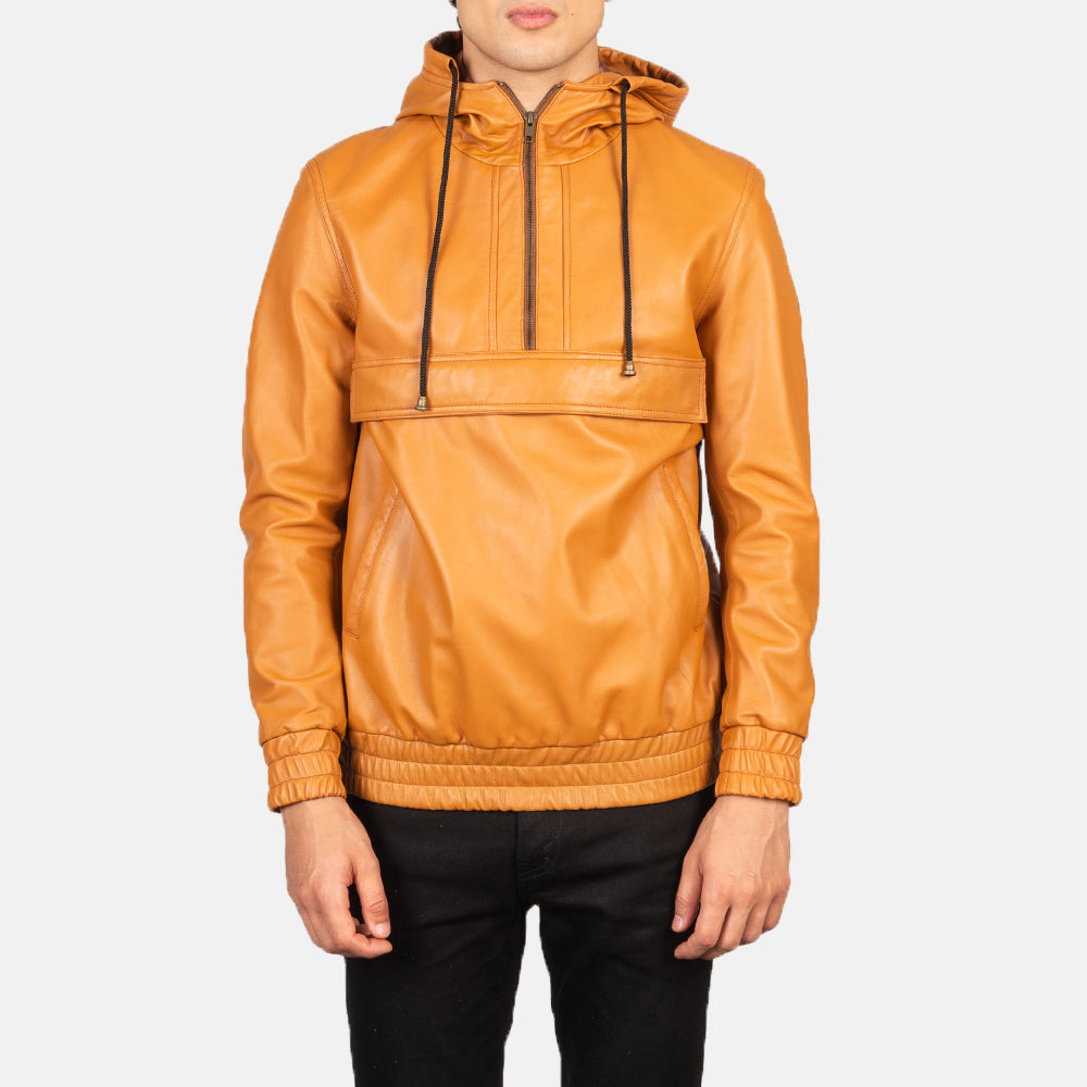 Men's Hooded Brown Leather Pullover Jacket
