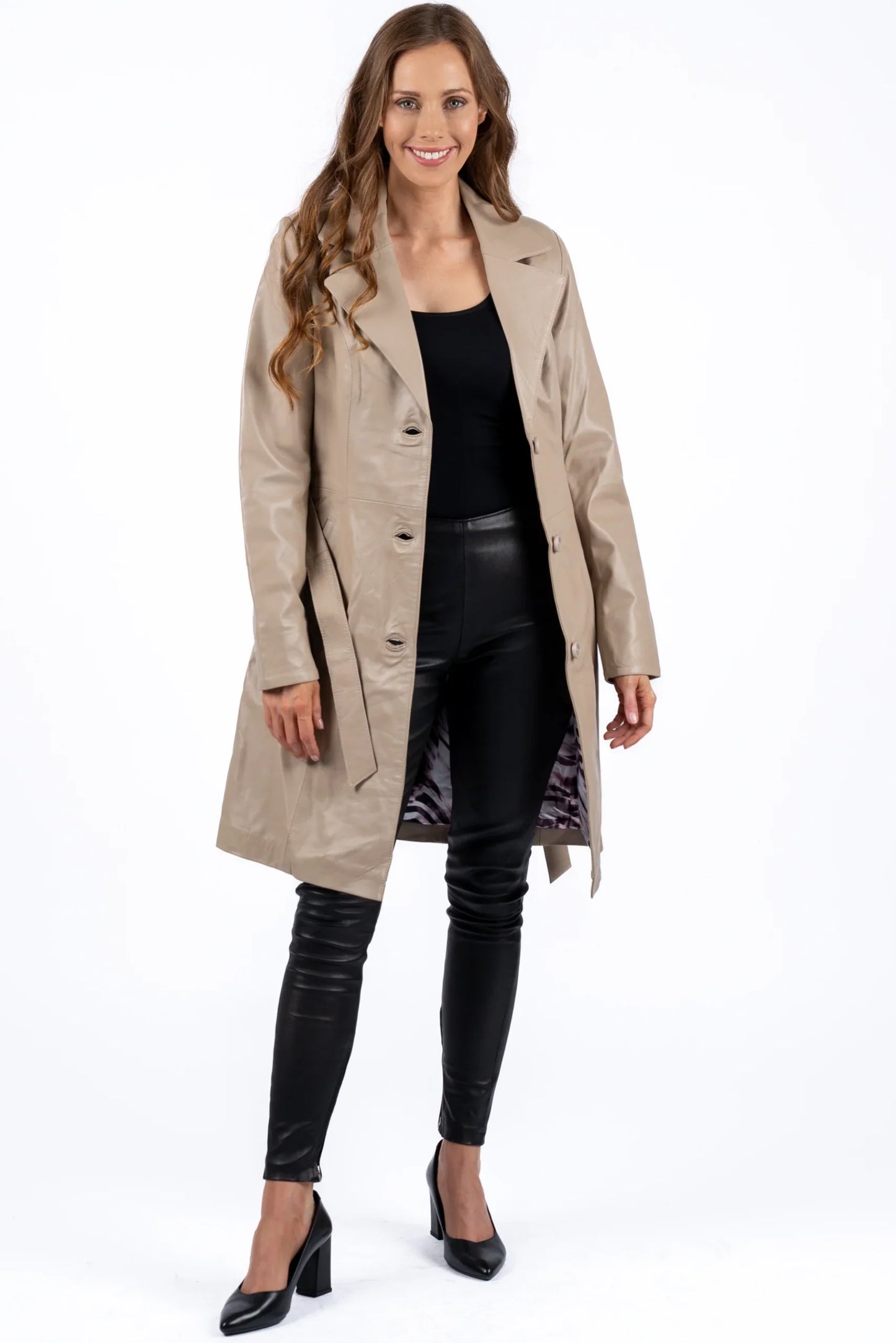 Migissi Beige Leather Trench Coat For Women's