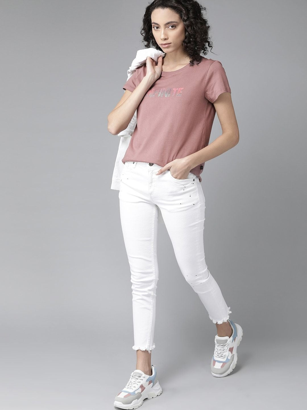 The Lifestyle Co Women Mauve Pure Cotton Printed Round Neck T-Shirt – Casual Wear in Pakistan