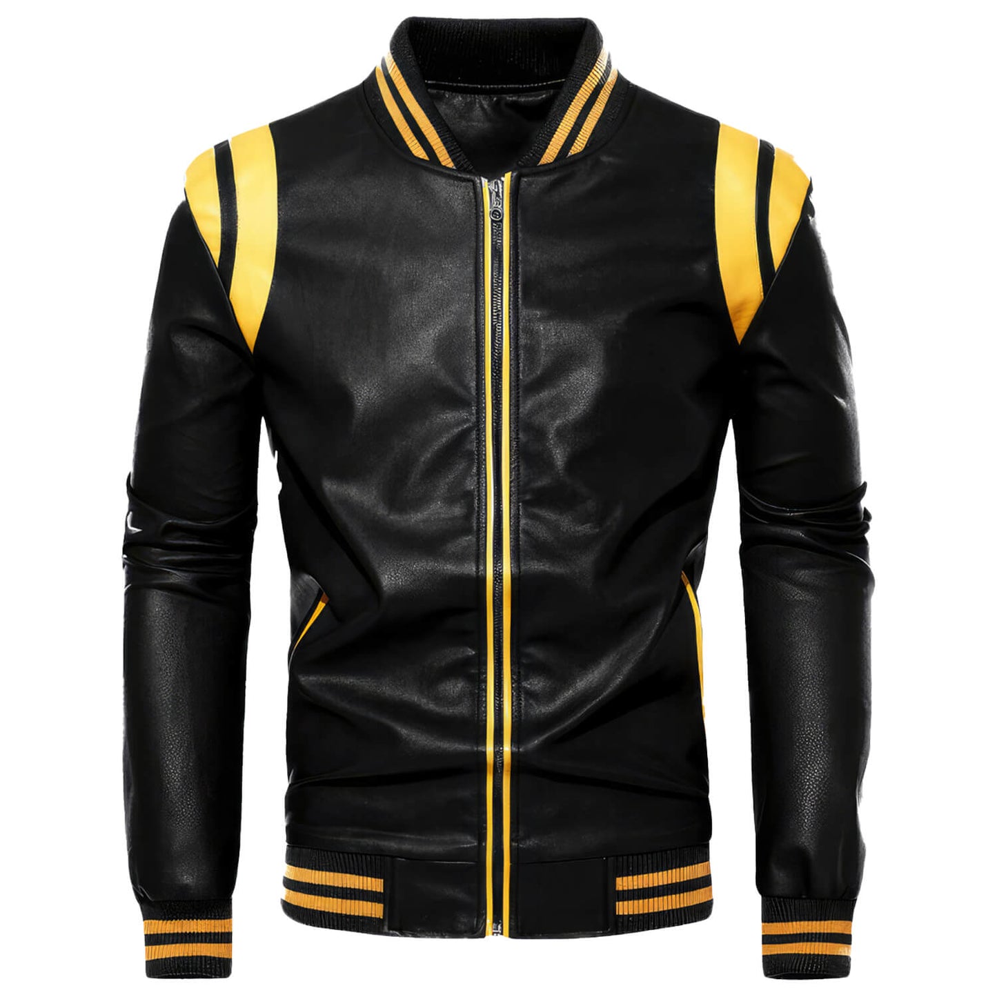Men's Black Biker Genuine Sheepskin Sporty Slim Fit Yellow Stripes Rib Knit Bomber Motorcycle Rider Leather Jacket - Front View - DENIMS