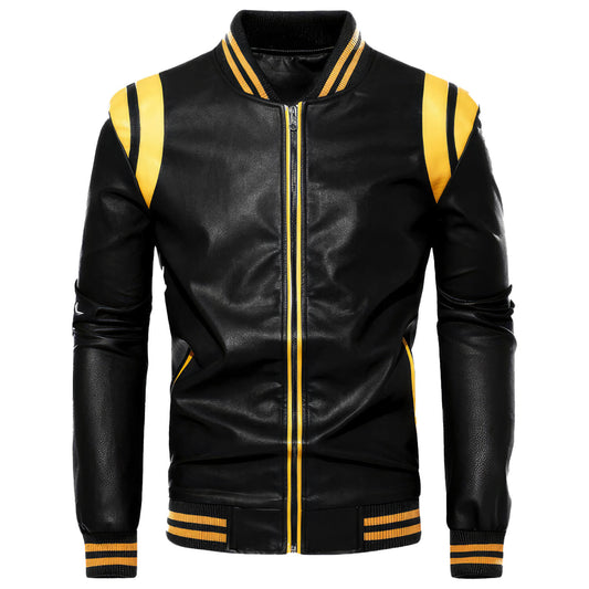 Men's Black Biker Genuine Sheepskin Sporty Slim Fit Yellow Stripes Rib Knit Bomber Motorcycle Rider Leather Jacket - Front View - DENIMS