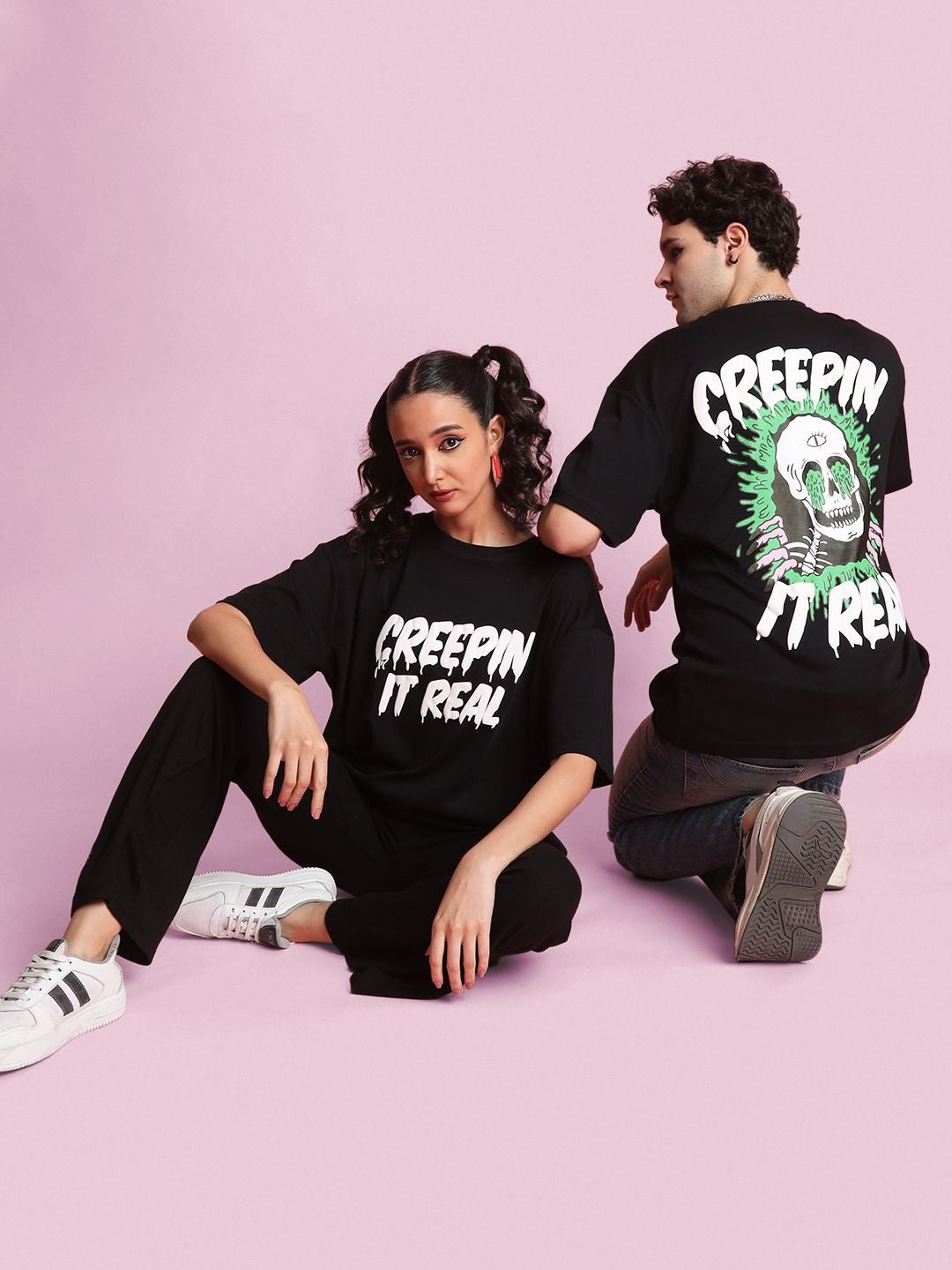 Unisex Halloween Graphic Print Round Neck Cotton Oversized T-Shirt – Trendy Festive Streetwear in Pakistan | DENIMS