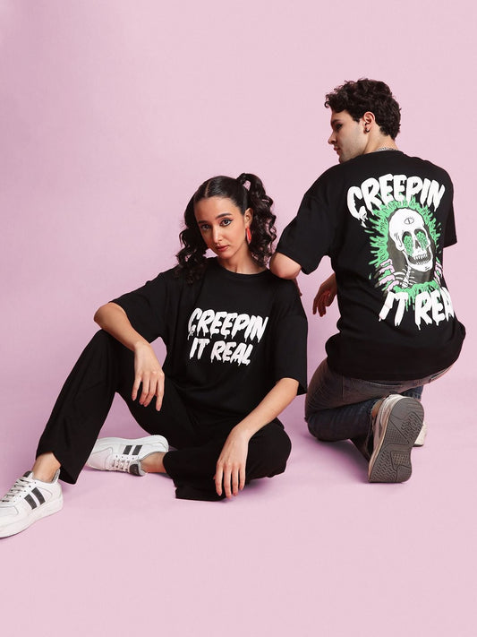 Unisex Halloween Graphic Print Round Neck Cotton Oversized T-Shirt – Trendy Festive Streetwear in Pakistan | DENIMS