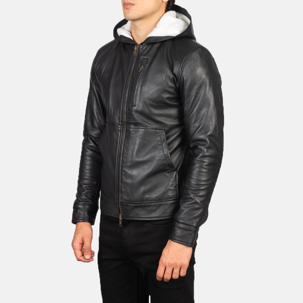 Black Hooded Sheep Leather Bomber Jacket