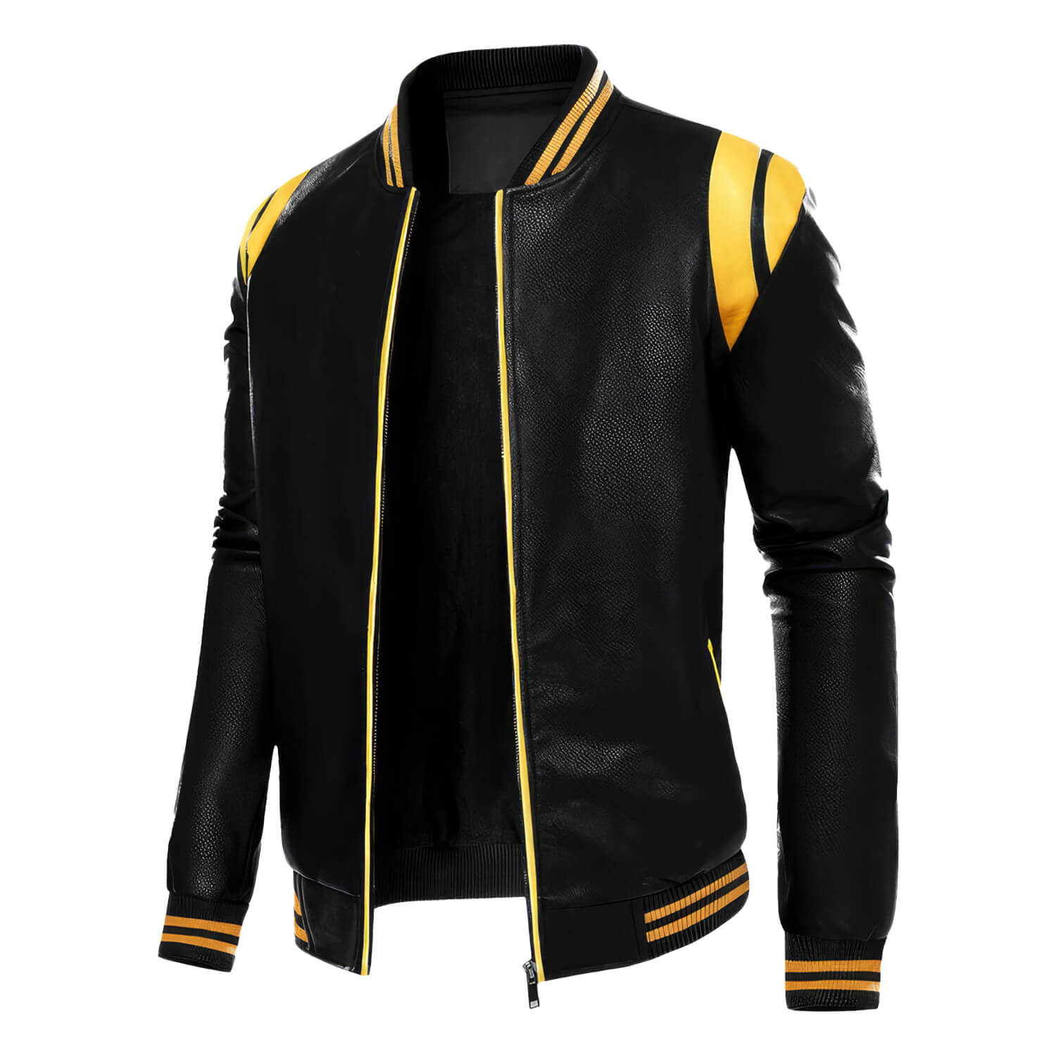 Men's Black Biker Genuine Sheepskin Sporty Slim Fit Yellow Stripes Rib Knit Bomber Motorcycle Rider Leather Jacket - Back View - DENIMS