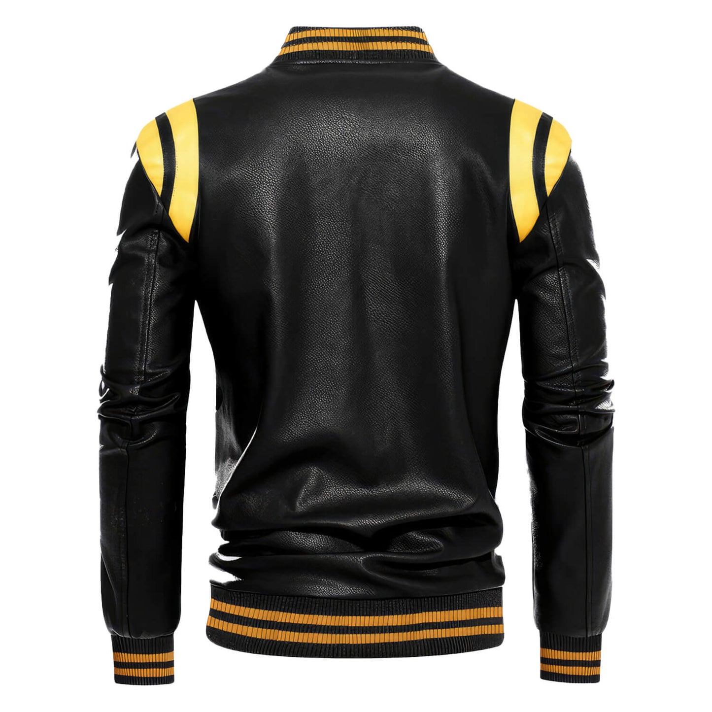 Men's Black Biker Sheepskin Leather Jacket with Yellow Stripes