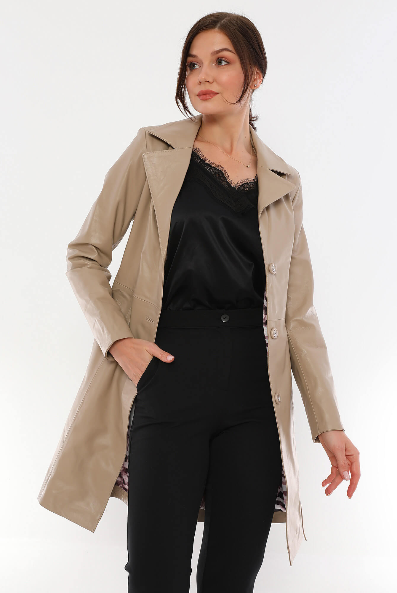 Ace Beige Premium Leather Trench Coat For Women
