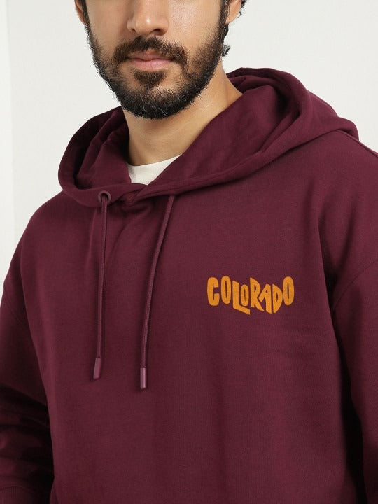 Men Maroon Printed Hooded Sweatshirt – Cotton Fleece Hoodie for Casual Winter Wear in Pakistan