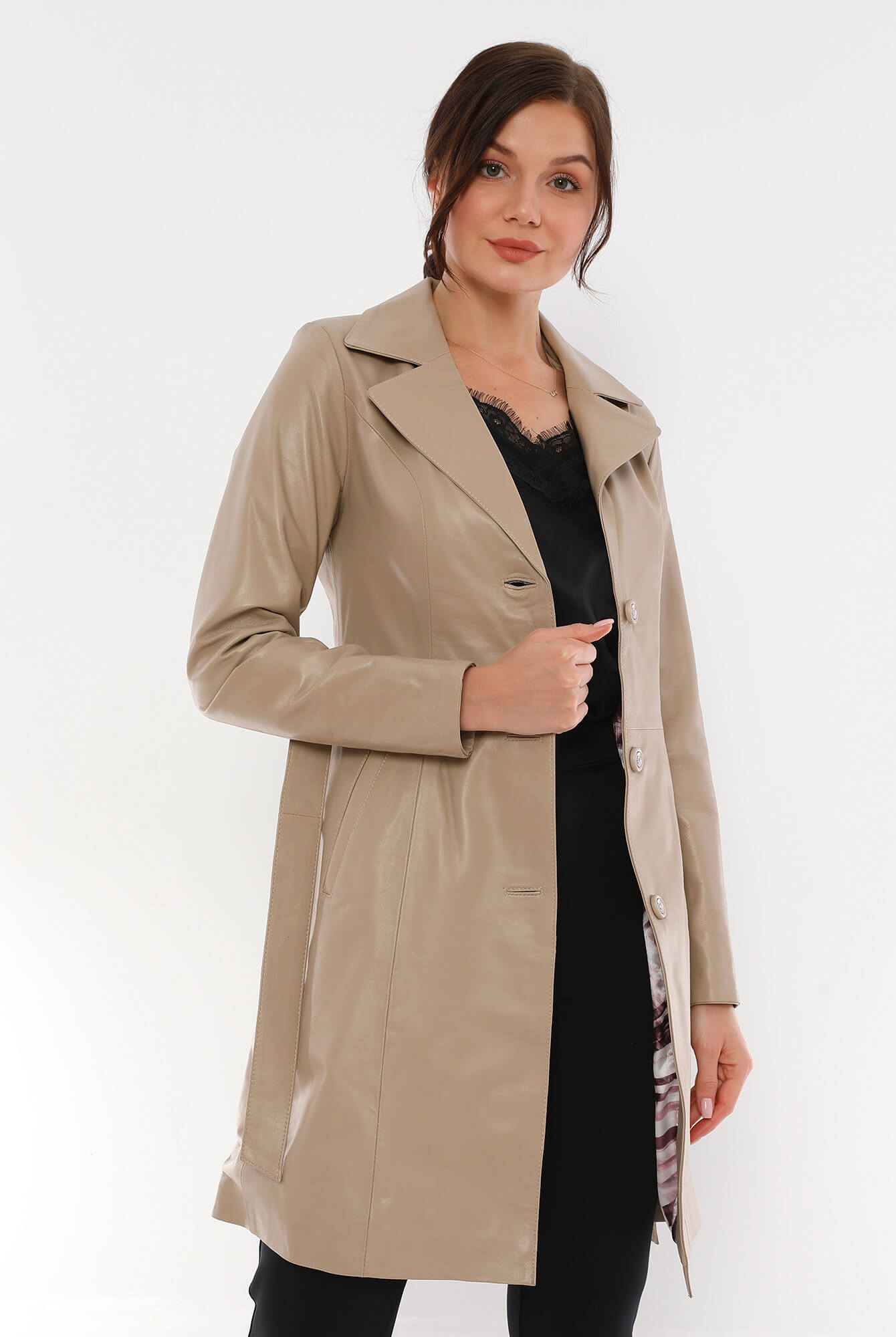 Ace Beige Premium Leather Trench Coat For Women