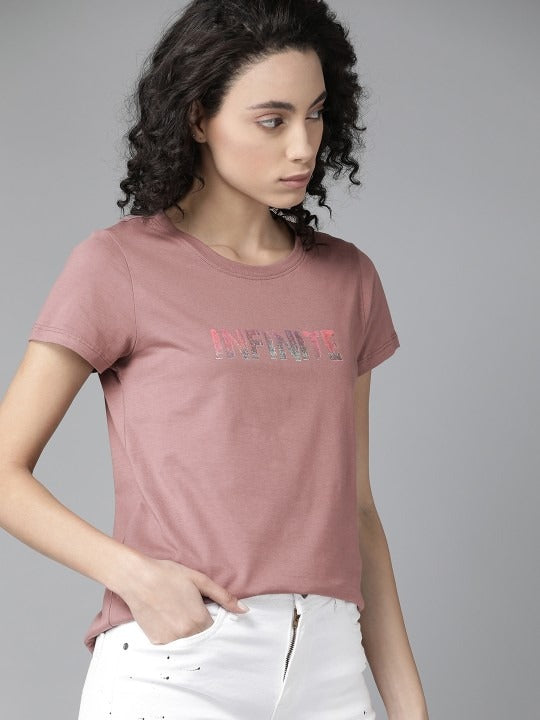 The Lifestyle Co Women Mauve Pure Cotton Printed Round Neck T-Shirt – Casual Wear in Pakistan