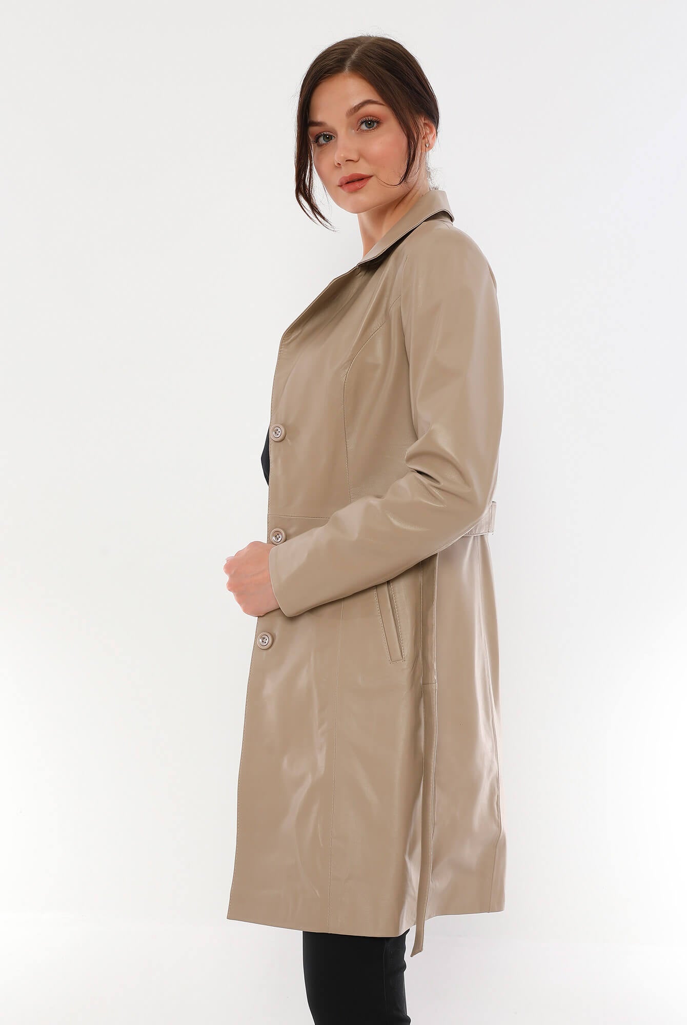 Ace Beige Premium Leather Trench Coat For Women