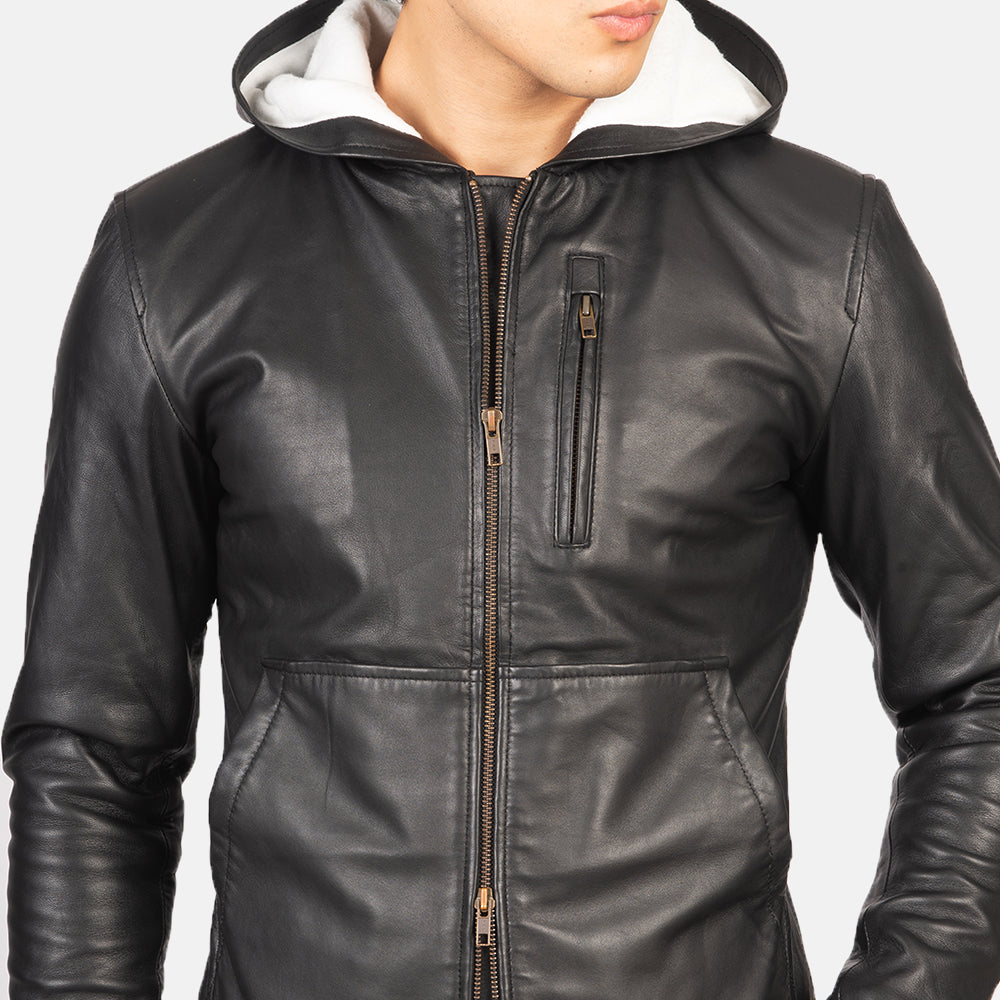 Black Hooded Sheep Leather Bomber Jacket