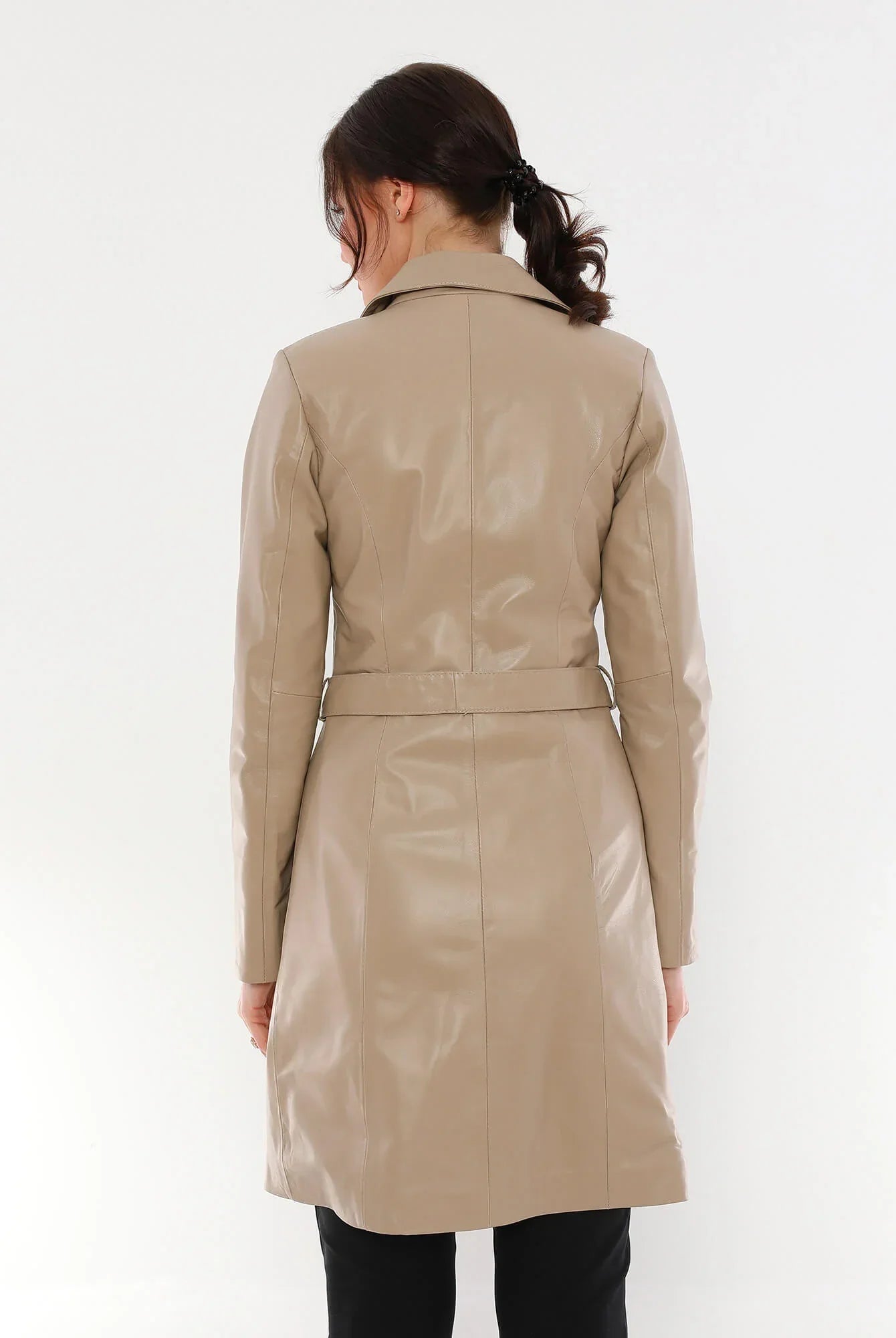 Ace Beige Premium Leather Trench Coat For Women