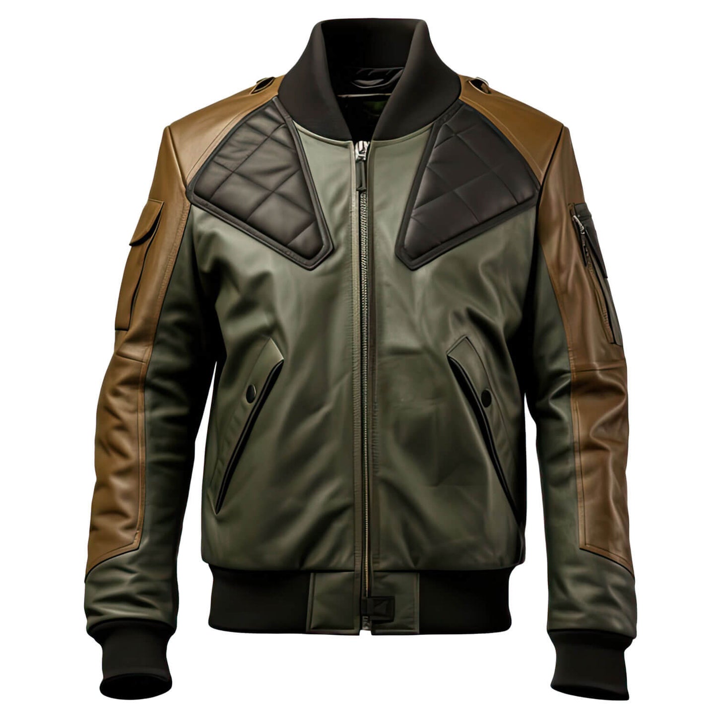 Men's Olive Green Brown Genuine Sheepskin Baseball Collar Classy Casual Sportswear Bomber Leather Jacket - Front View - DENIMS