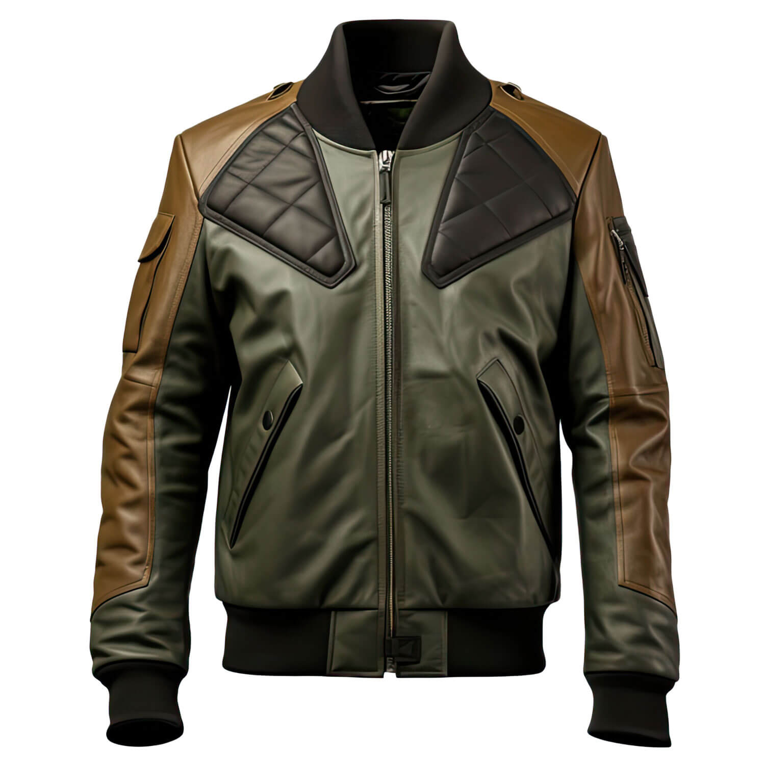 Men's Olive Green Brown Genuine Sheepskin Baseball Collar Classy Casual Sportswear Bomber Leather Jacket - Front View - DENIMS