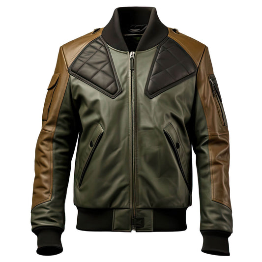 Men's Olive Green Brown Genuine Sheepskin Baseball Collar Classy Casual Sportswear Bomber Leather Jacket - Front View - DENIMS