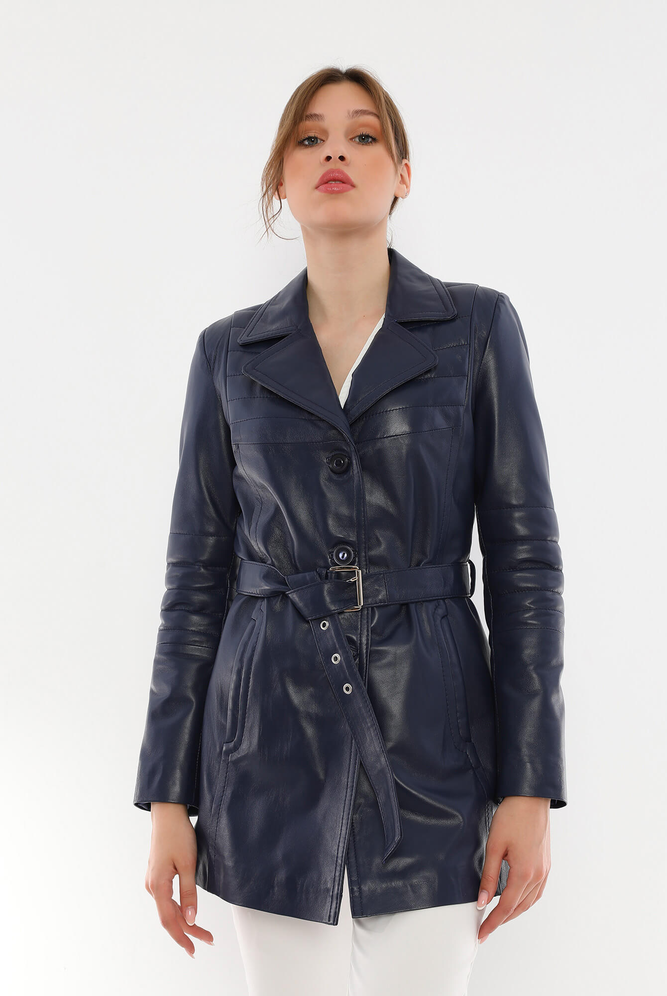 Jessica Blue Leather Trench Coat For Women