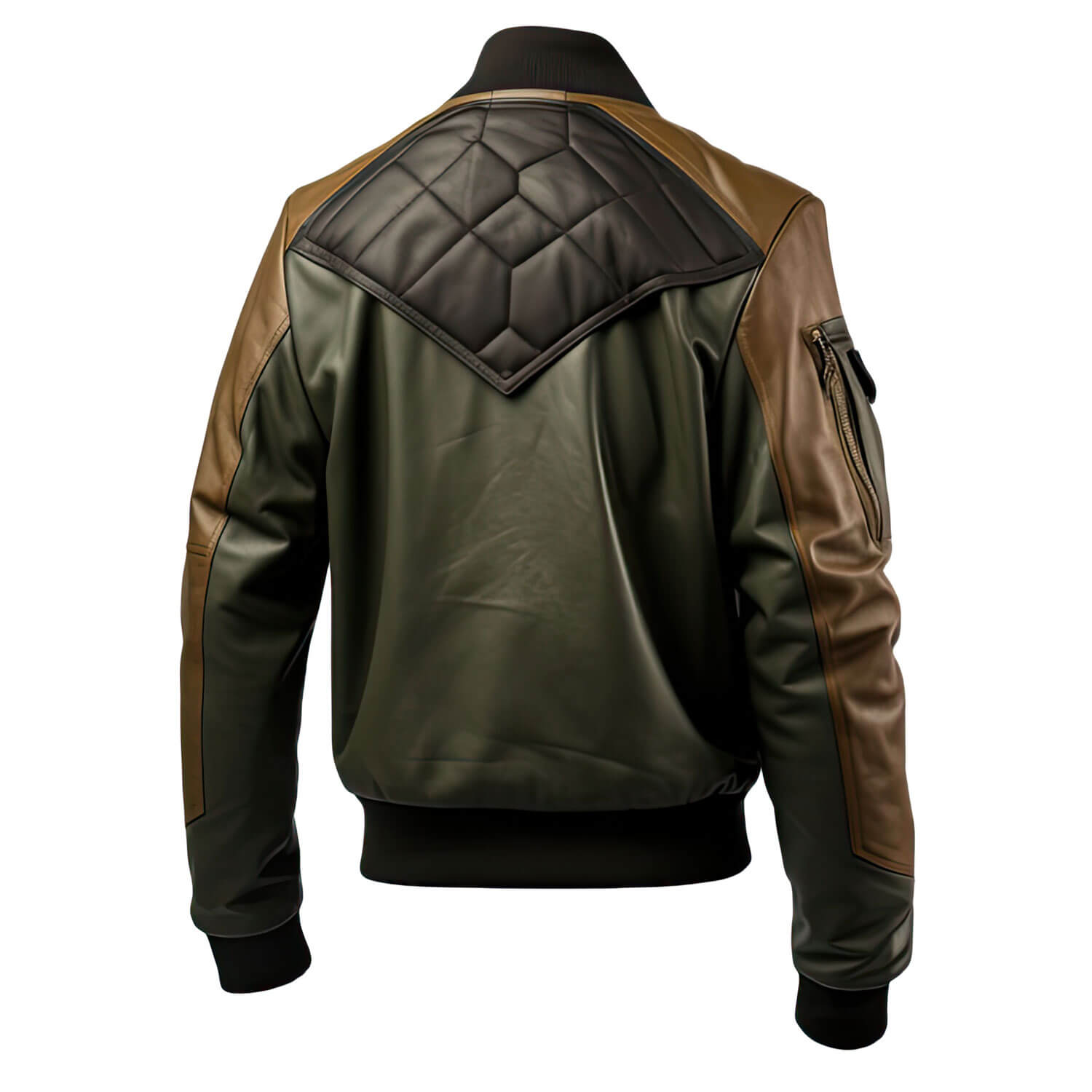 Men's Olive Green Brown Genuine Sheepskin Baseball Collar Classy Casual Sportswear Bomber Leather Jacket - Back View - DENIMS