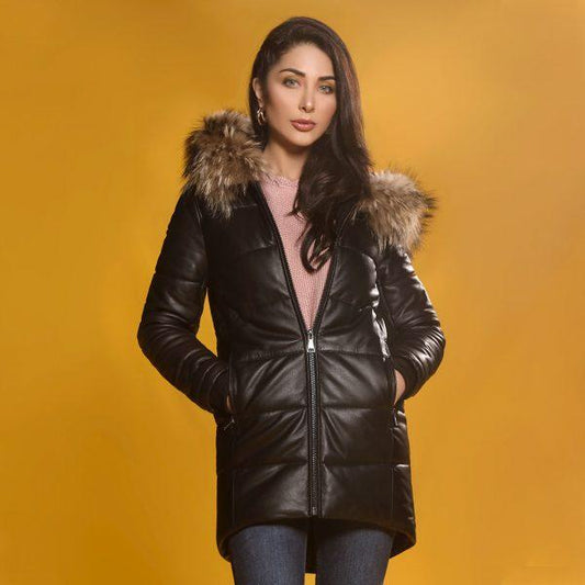 Puffer Hooded Women Leather Jacket