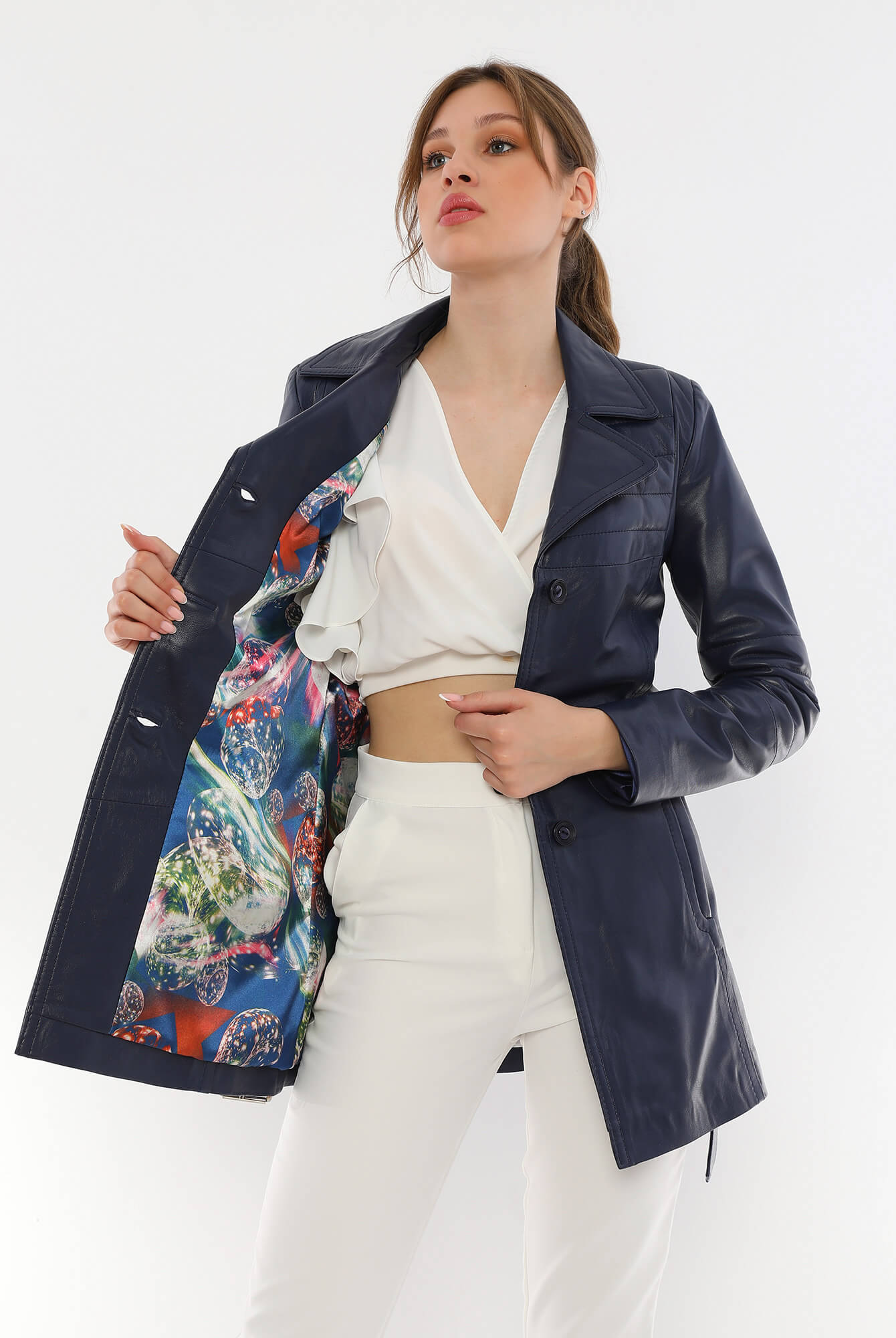 Jessica Blue Leather Trench Coat For Women