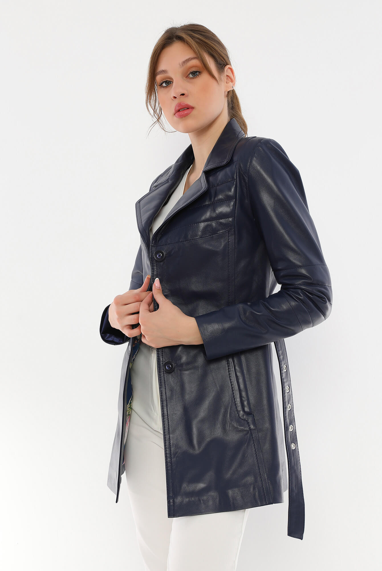 Jessica Blue Leather Trench Coat For Women