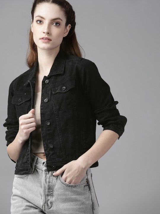 Women Black Solid Denim Jacket