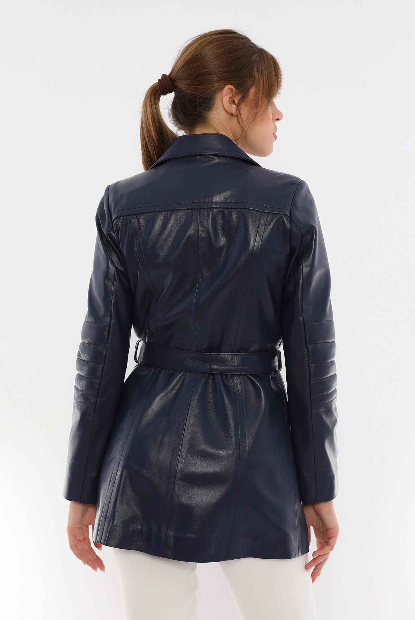 Jessica Blue Leather Trench Coat For Women