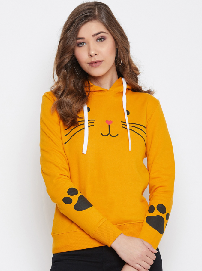 HB INDUSTRIES Women Mustard Yellow Meow Printed Hoodie