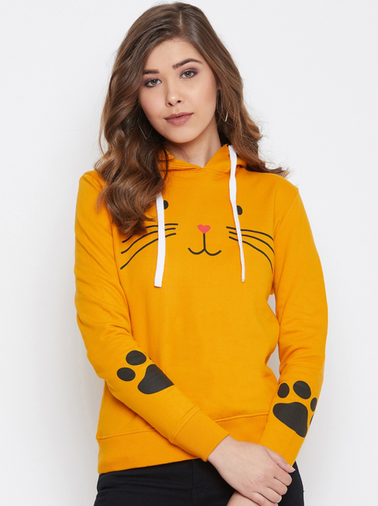 HB INDUSTRIES Women Mustard Yellow Meow Printed Hoodie