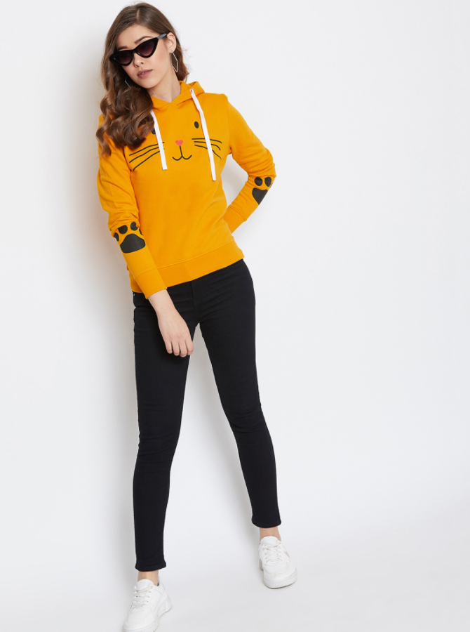 HB INDUSTRIES Women Mustard Yellow Meow Printed Hoodie