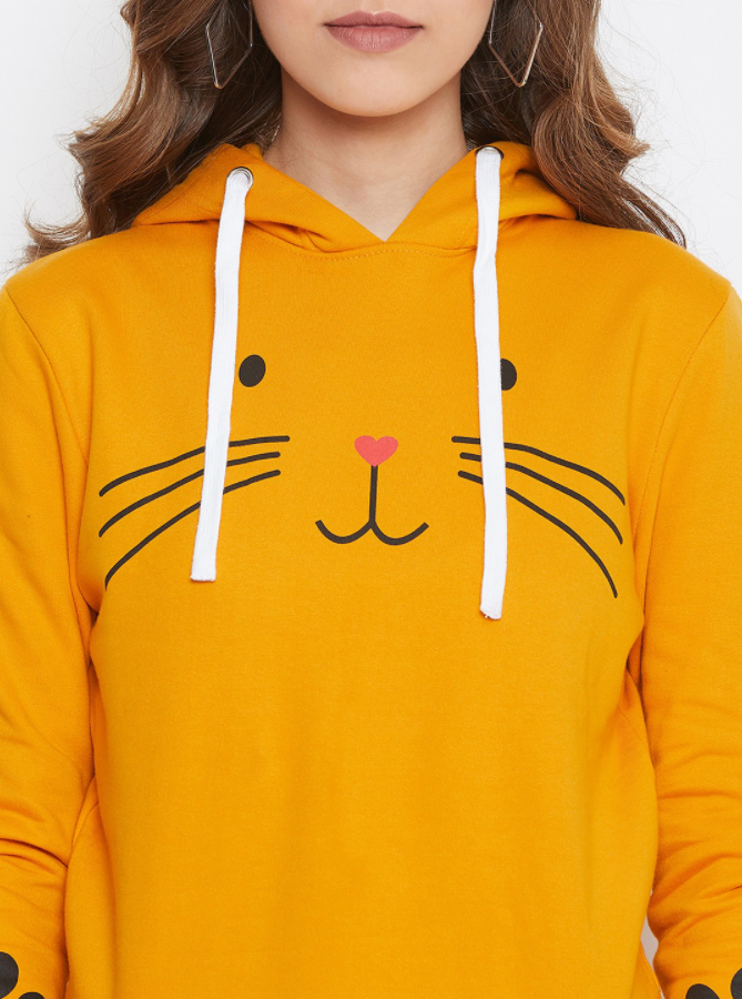 HB INDUSTRIES Women Mustard Yellow Meow Printed Hoodie