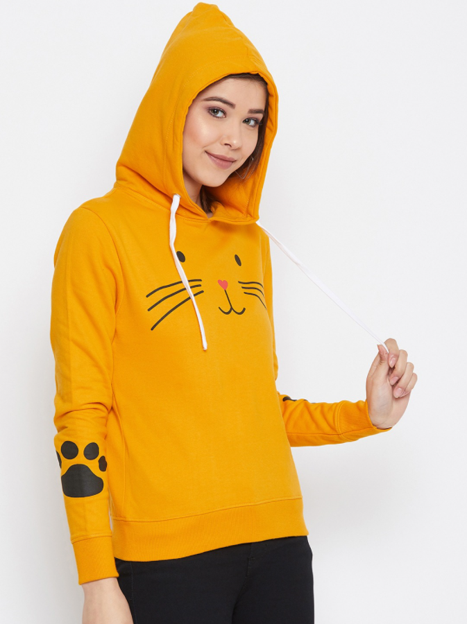 HB INDUSTRIES Women Mustard Yellow Meow Printed Hoodie