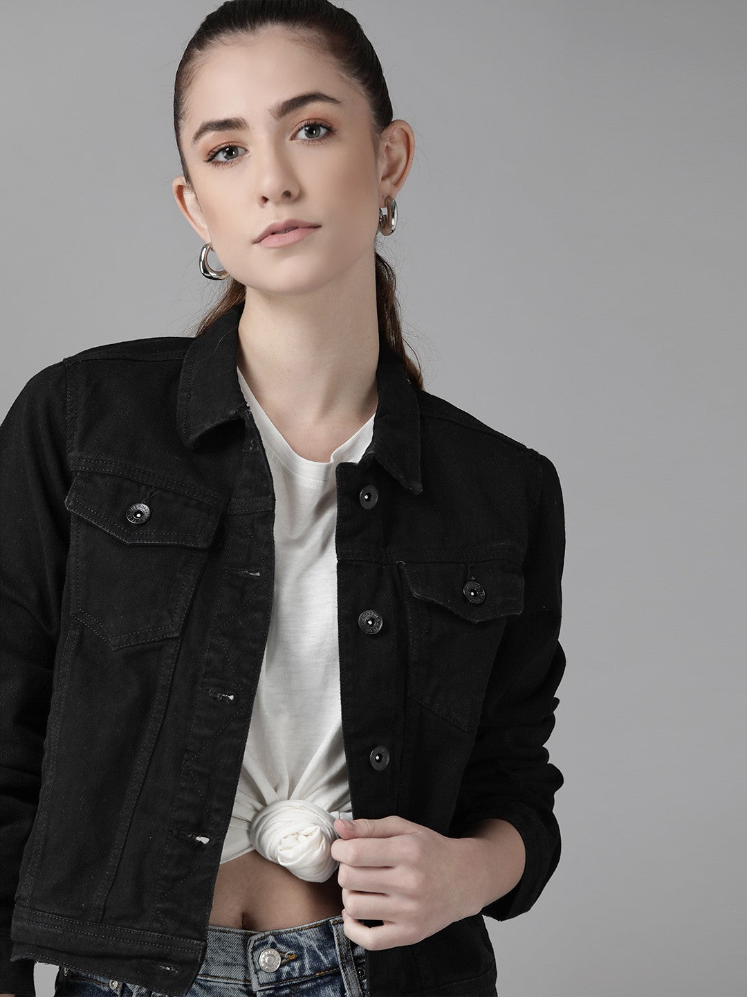 Women Black Solid Pure Cotton Denim Jacket