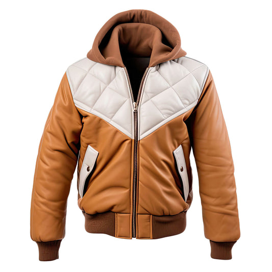 Men's White Beige Genuine Sheepskin Diamond Quilted Rib Knitted Bomber Zip-up Hooded Stylish Puffer Leather Jacket - Front View - DENIMS