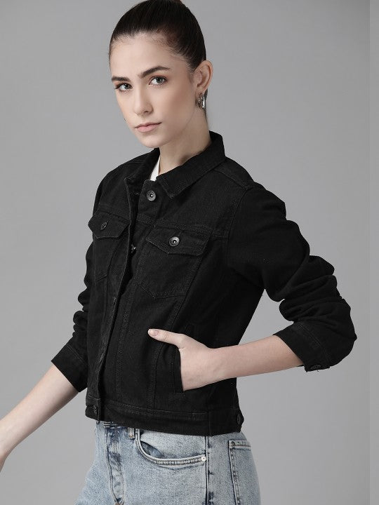Women Black Solid Pure Cotton Denim Jacket