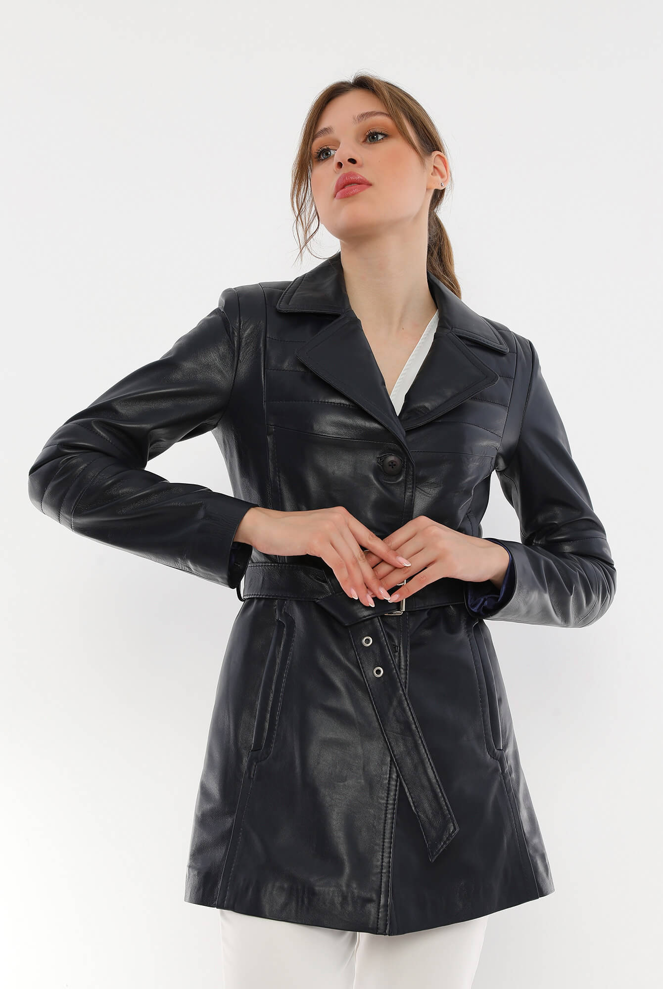 Jessica Black Leather Trench Coat For Women