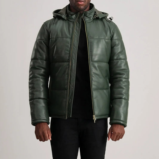 Ace Green Hooded Leather Puffer Jacket